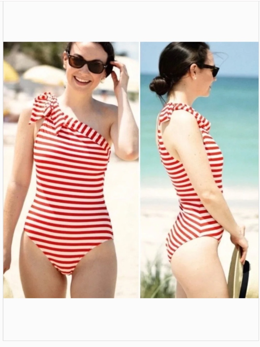 J. Crew Red Cream Nautical Stripe One Shoulder Bow Tie One piece swimsuit Sz 16